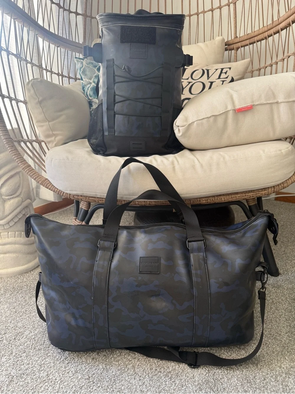 Duchamp Black & Slate Blue Camo matching Duffel and Backpack